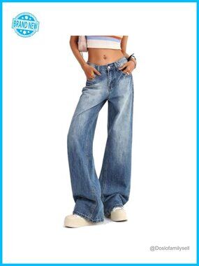 Women's Low Rise Baggy Jeans Y2K Straight Wide Leg Stretch Denim Pants